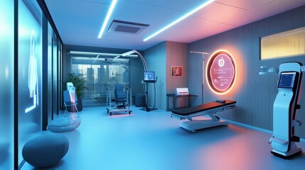 Poster - A futuristic therapy room where AI-driven devices support physical rehabilitation, guiding patients through exercises with real-time feedback for optimal recovery