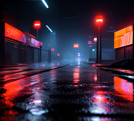 neon mega city with light reflection from puddles on street heading toward buildings, business district center.Cyber punk theme, tech background.Concept for night life.generative ai