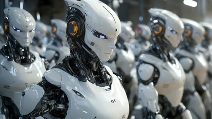 Poster - A high-tech factory filled with advanced robots working alongside humans, demonstrating the shift towards automation and artificial intelligence