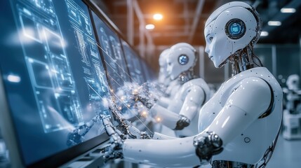 Poster - A high-tech factory filled with advanced robots working alongside humans, demonstrating the shift towards automation and artificial intelligence