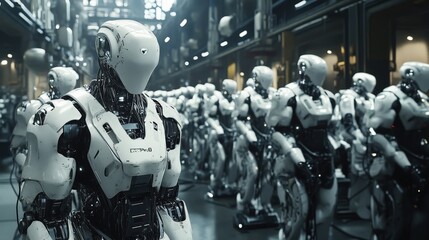 Poster - A high-tech factory filled with advanced robots working alongside humans, demonstrating the shift towards automation and artificial intelligence