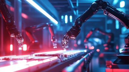 Poster - A high-tech manufacturing plant with robotic arms assembling car parts, demonstrating the role of automation in modern production lines to improve speed and accuracy