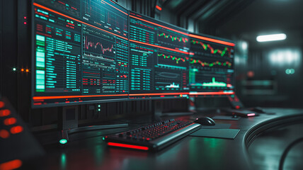 Poster - A computer monitor displays a number of graphs and charts. The computer is set up for a financial trading room