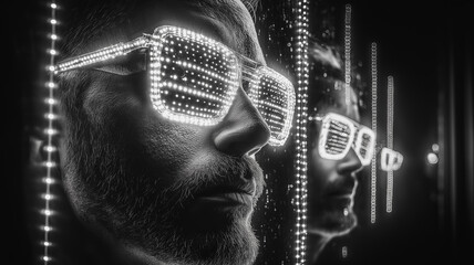 Poster - A man wearing sunglasses is reflected in a mirror. The image is a reflection of a man wearing sunglasses and has a futuristic feel to it