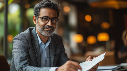 Poster - A man in a suit is sitting at a table with a piece of paper in his hand. He is reading or writing something on the paper. The scene suggests a professional or business setting
