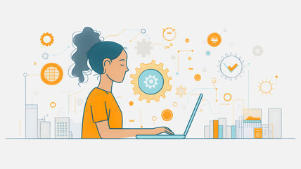 Poster - A woman is sitting at a desk with a laptop in front of her. She is typing on the keyboard and she is focused on her work. Concept of productivity and concentration