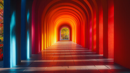 Poster - A long tunnel with colorful arches and a tree in the middle