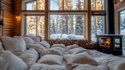 Aufkleber - A cozy bedroom with a fireplace and a window overlooking a snowy forest