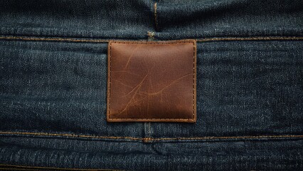 vintage brown leather patch on blue denim with yellow stitching accents