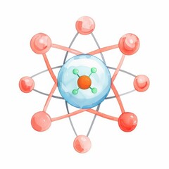 Poster - Watercolor illustration of an atom with a central nucleus surrounded by orbiting electrons, emphasizing the structure of matter in physics and chemistry.