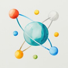 Poster - A colorful illustration of an atom, featuring a central blue sphere with orbiting colorful particles, symbolizing science and chemistry.