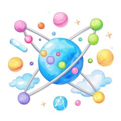Poster - A colorful, whimsical illustration of an atom with various orbiting particles and a planet, set against a bright, cloud-filled background.