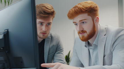 Aufkleber - Two men are looking at a computer monitor