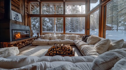 Poster - A cozy living room with a fireplace and a large couch