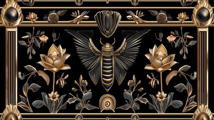 Poster - Egyptian Revival with Gold Scarabs and Lotus Patterns