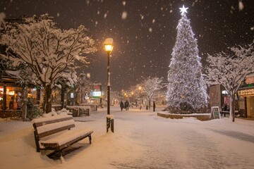 Wall Mural - Snowcovered landscape with pine trees, gentle snowfall, serene winter ambiance under cloudy sky.