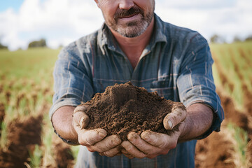 Wall Mural - Farmer holding soil in a cereal crop in the Wheatbelt of Western Australia