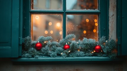 Wall Mural - Festive window adorned with green Christmas wreath, red ornaments, golden ribbons, capturing holiday spirit warmth.