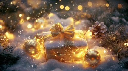Wall Mural - festive red gift box with golden ribbon nestled in pristine white snow, capturing winter holiday spi