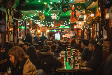 Saint Patrick's day celebration in decorated Irish pub