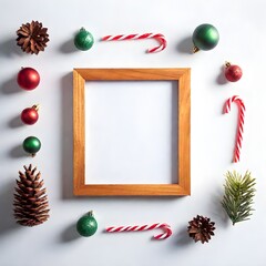 Wall Mural - Empty frame of Flat lay of various red and green Christmas decorations including candy canes and pine cones on a white background.