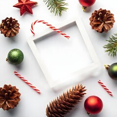 Wall Mural - Empty frame of Flat lay of various red and green Christmas decorations including candy canes and pine cones on a white background.