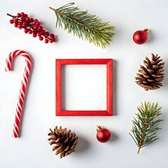 Wall Mural - Empty frame of Flat lay of various red and green Christmas decorations including candy canes and pine cones on a white background.