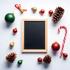 Wall Mural - Empty frame of Flat lay of various red and green Christmas decorations including candy canes and pine cones on a white background.