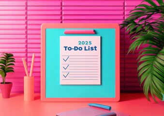 Poster - A vibrant to-do list for 2025, placed against a colorful backdrop, featuring checkboxes and surrounded by plants.