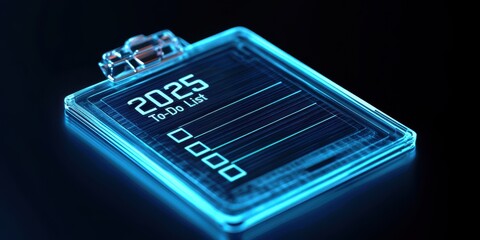 Poster - A futuristic to-do list display for 2025, featuring a sleek design illuminated in blue, highlighting organization with checkboxes for tasks.