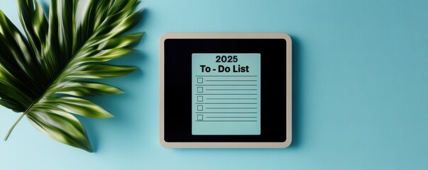 Poster - A sleek to-do list planner sits on a turquoise background, accompanied by a vibrant green plant, perfect for organizing tasks and enhancing productivity.