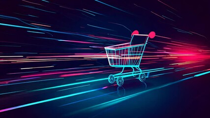 Poster - A glowing grocery cart races through a visually stunning neon landscape filled with vibrant colors and dynamic lines, creating a sense of speed and excitement in a surreal environment.