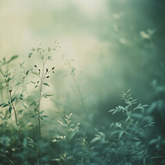Poster - Green plants are silhouetted against a soft, hazy background in the early morning light