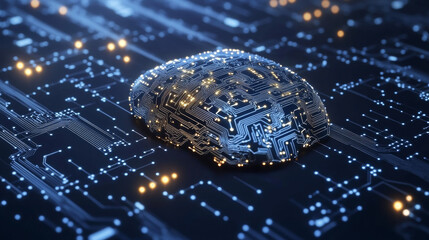Poster - A 3D image of a digital brain, showing its complex circuits and artificial intelligence technology.