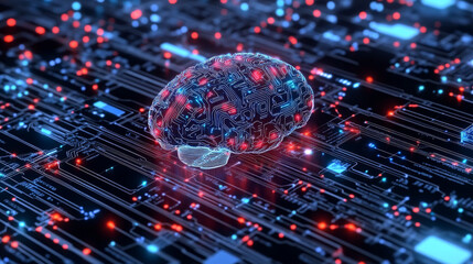 Poster - A 3D image of a digital brain, showing its complex circuits and artificial intelligence technology.
