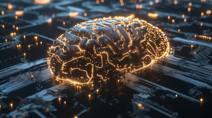 Poster - A 3D image of a digital brain, showing its complex circuits and artificial intelligence technology.