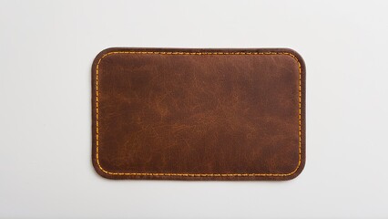 Isolated leather label mockup with orange stitching on light background