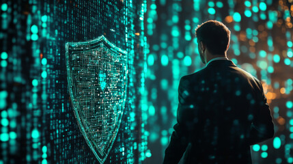 Poster - A businessman is protecting data with a digital shield. This represents secure access, financial protection, and cybersecurity.