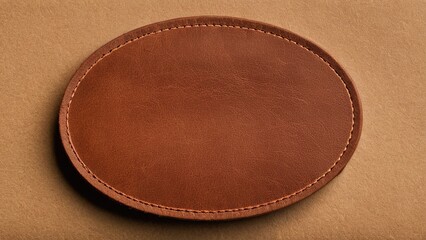 Oval brown leather patch mockup with stitching for branding