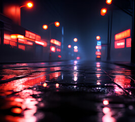 neon mega city with light reflection from puddles on street heading toward buildings, business district center.Cyber punk theme, tech background.Concept for night life.generative ai