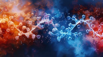 Poster - A vibrant representation of molecular structures, set against a cosmic backdrop of fiery orange and soothing blue hues.