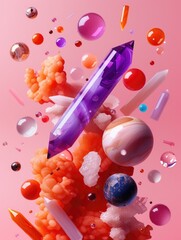 Poster - A vibrant composition featuring colorful crystals, spheres, and abstract shapes against a soft pink background, creating a dynamic and artistic visual representation.