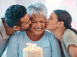 © peopleimages.com - Man, woman and senior mother with birthday cake, kiss and party for love and celebration. Home, family and event with milestone, support and gratitude for retirement and holiday bonding with parent