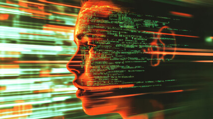 Poster - A computer screen shows code and a distorted human head, representing the idea of artificial intelligence.