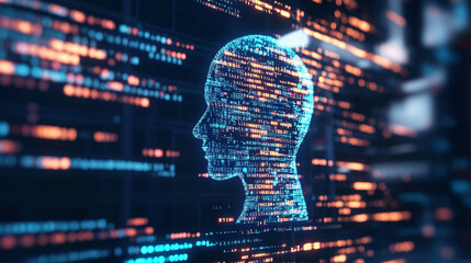 Poster - A computer screen shows code and a distorted human head, representing the idea of artificial intelligence.