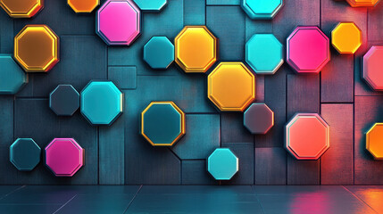 Wall Mural - A vibrant wall featuring colorful hexagonal shapes set against a textured background, creating a striking visual contrast.