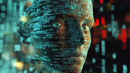 Poster - A computer screen shows code and a distorted human head, representing the idea of artificial intelligence.
