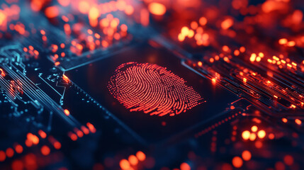 Poster - A digital background showing a fingerprint scan on a computer circuit board, illustrating the idea of cybersecurity.