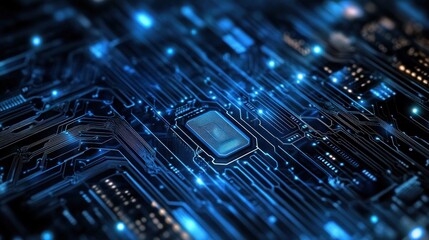 Poster - A close-up of a circuit board showcasing a central processor and glowing connections.