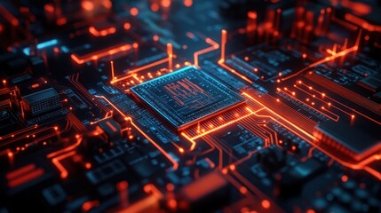 Poster - A close-up view of a circuit board with glowing components, showcasing technology's intricacies.